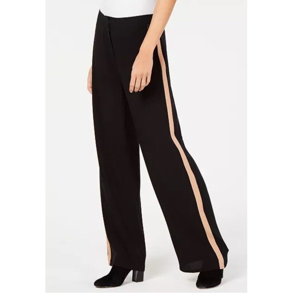 Eileen Fisher Georgette Black 100% Silk Crepe Wide Leg Pants Tan Side Stripe 6